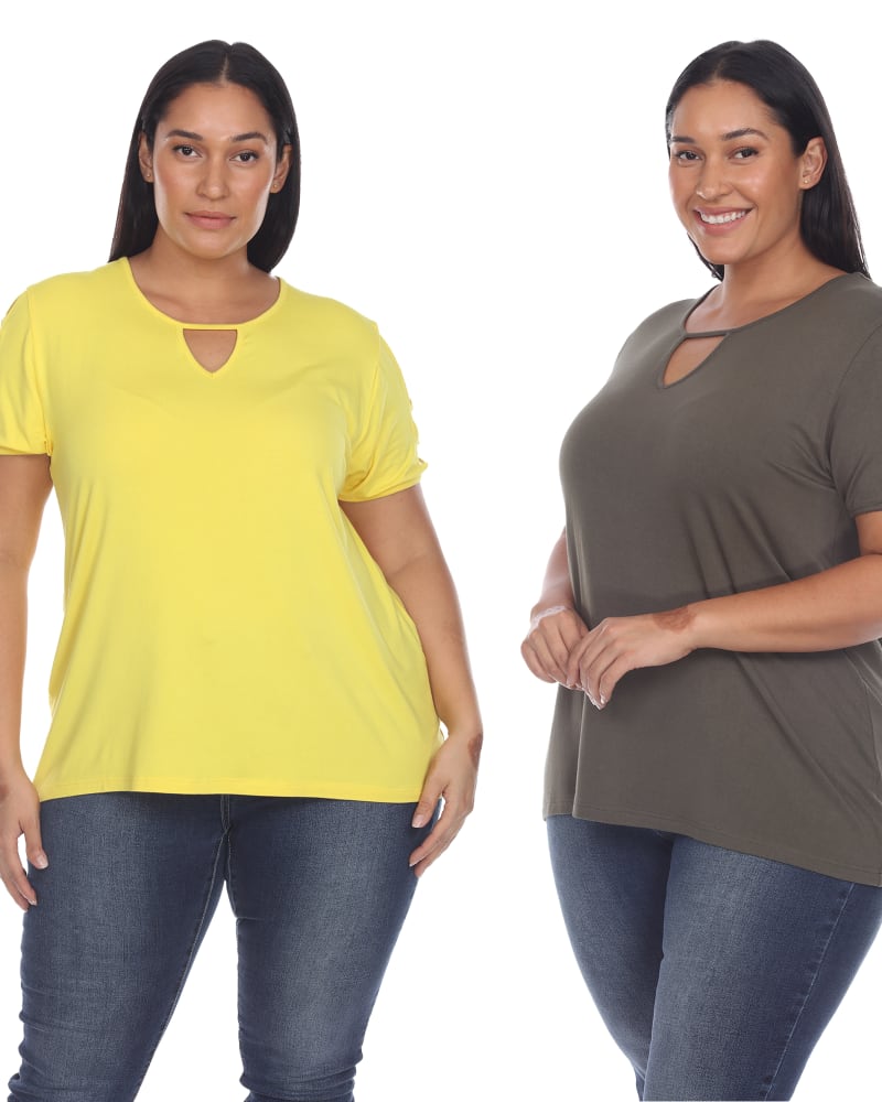 Front of a model wearing a size 2X Essential 2 Pack Light Keyhole Neck Top in Yellow Olive by White Mark. | dia_product_style_image_id:249934